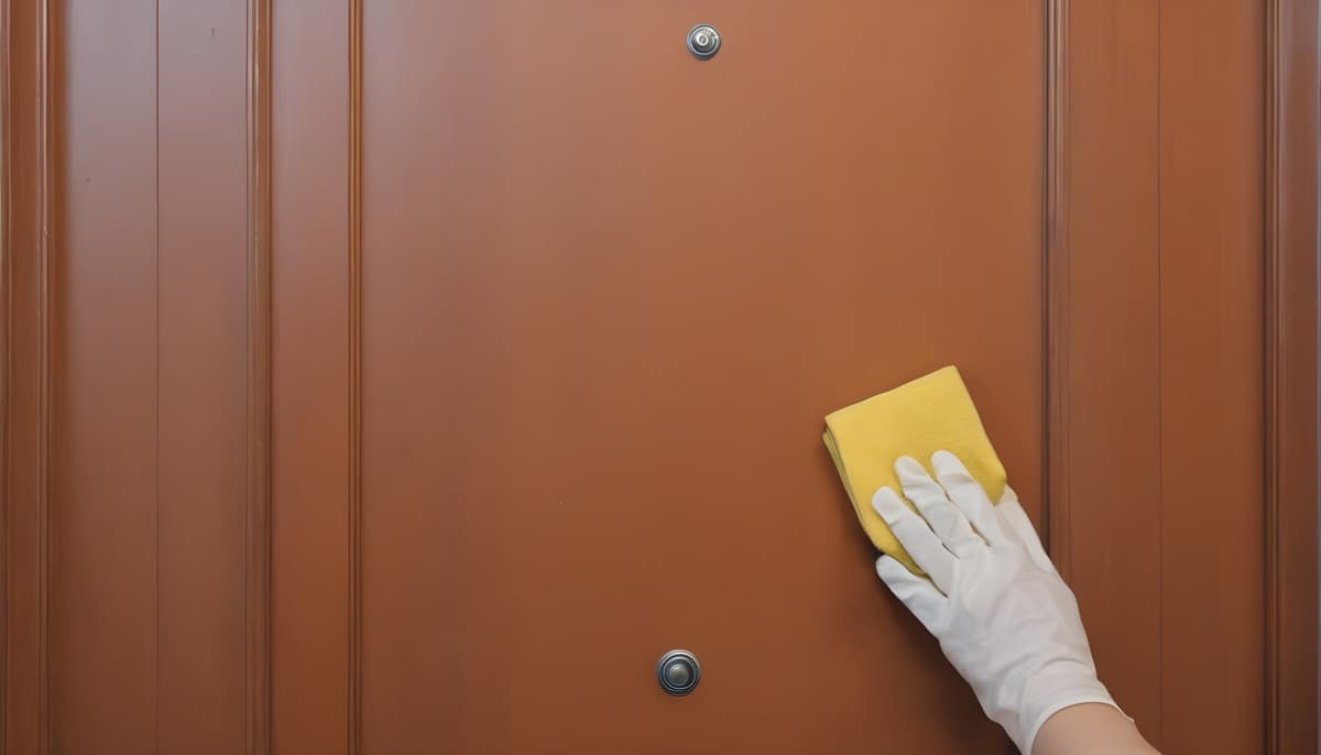 foto realista de persona limpiando una puerta de madera